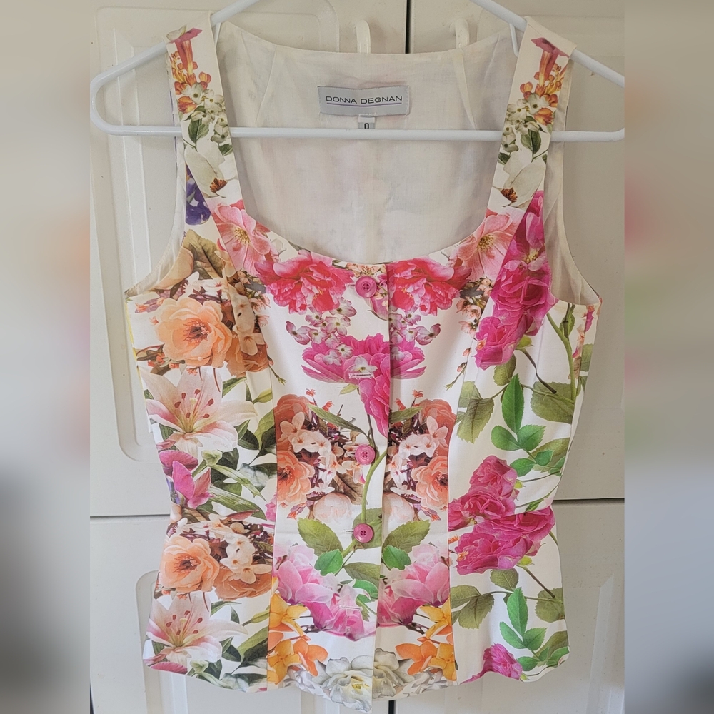 White and Pink Bustier Top  with Realistic Floral Print (Donna Degnan)